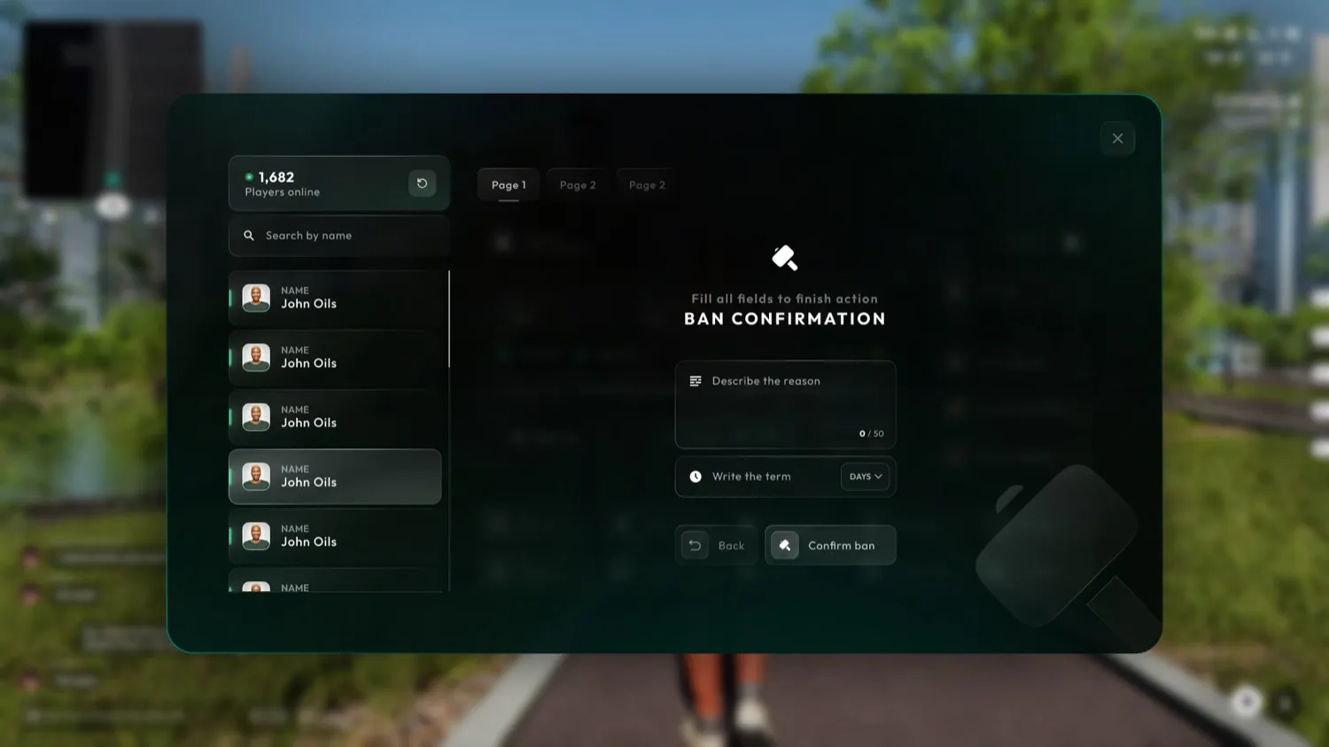 The admin panel, with who is online and ban confirmations