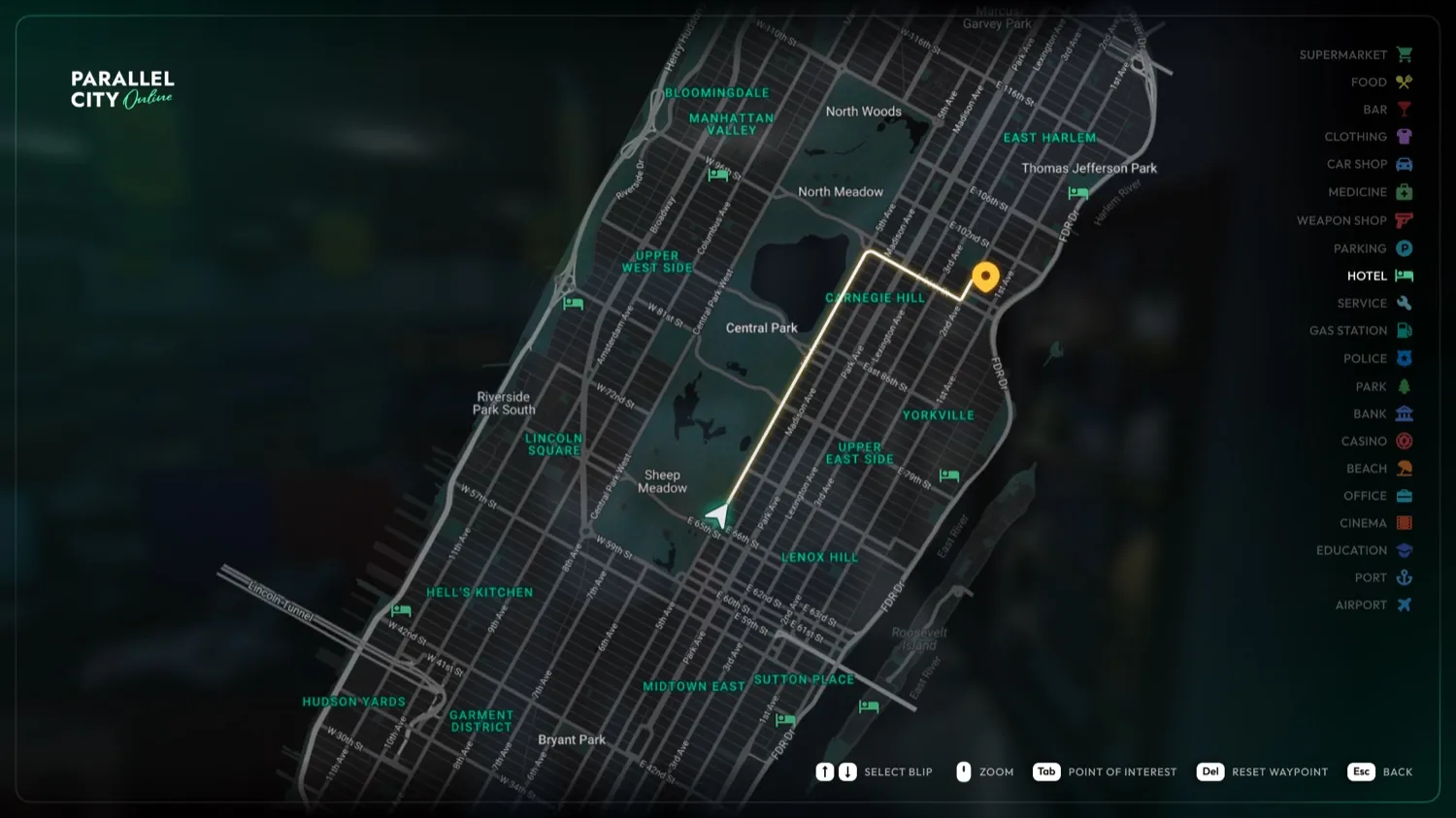 The city map, with waypoints and points of interest