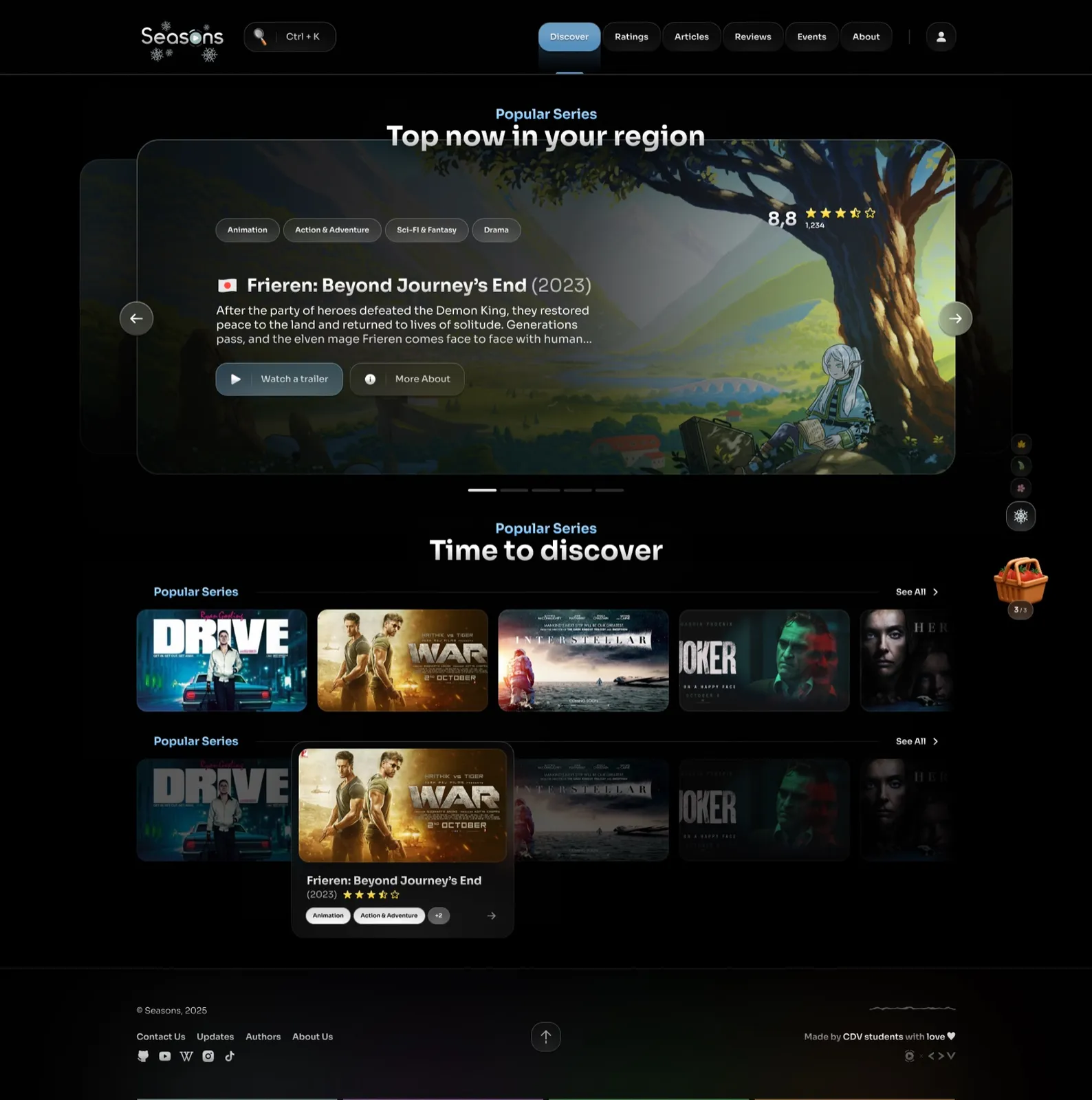 The Discover home, with the season selector and featured series.