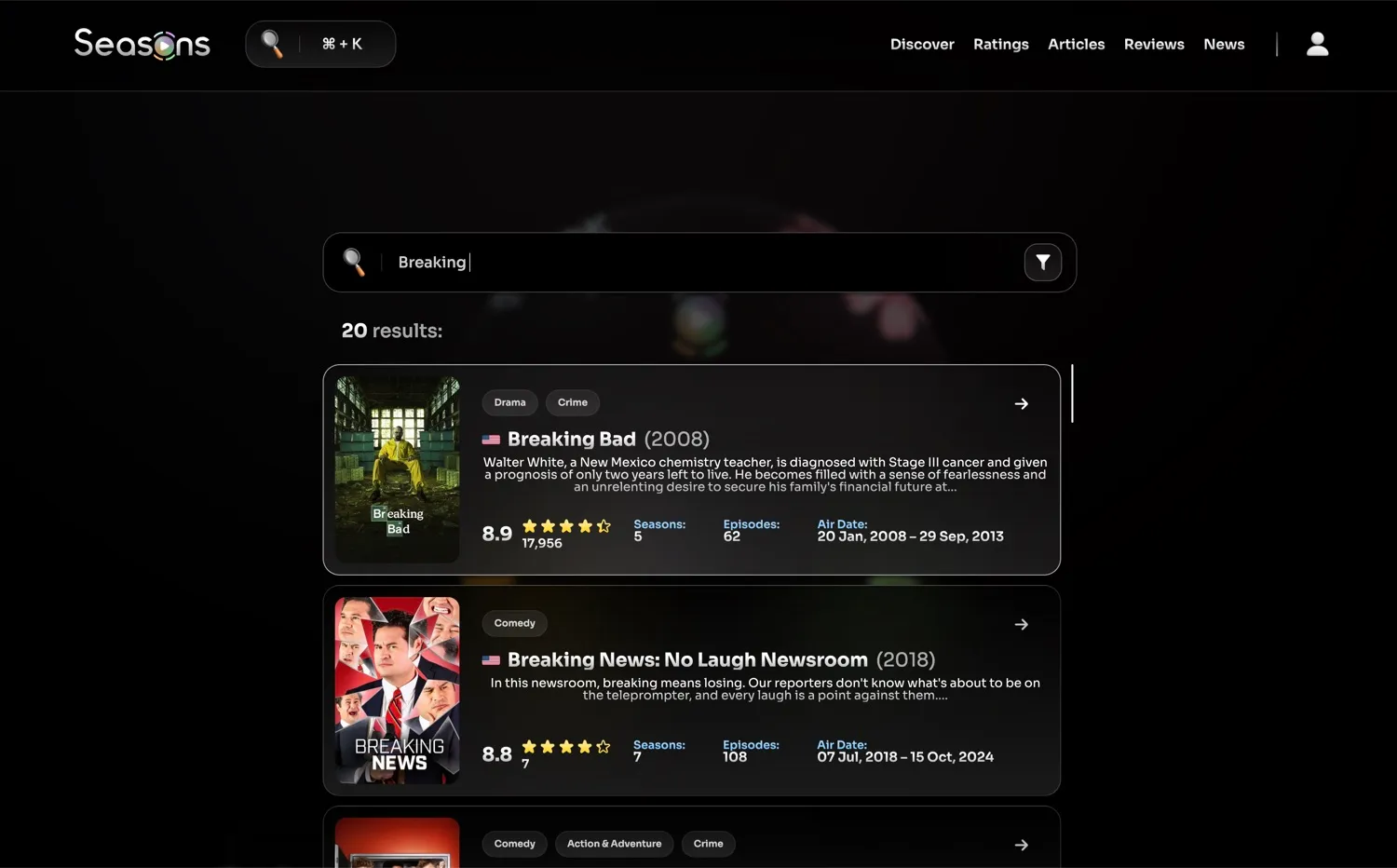 Search results on the live site, with ratings and per-show metadata.