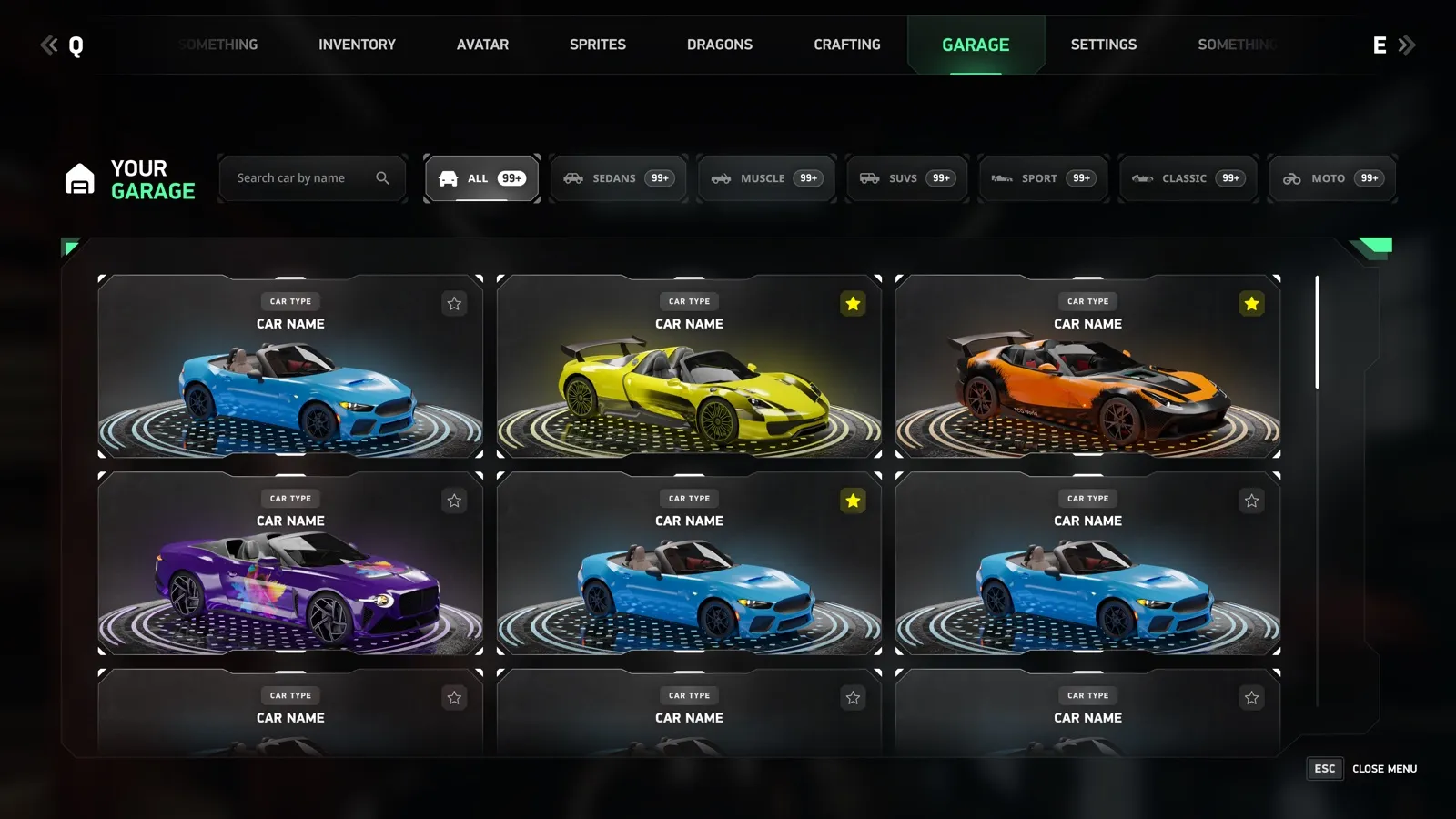 The garage, with NFT vehicles filtered by class